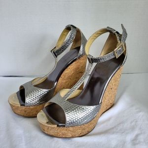 Jimmy Choo T-strap silver/ metalic weaved pattern open toe cork wedge heel Sz 37